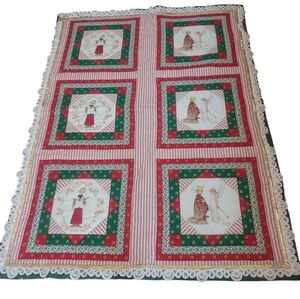 Handmade Christmas Quilt Norman Rockwell Lace Ribbon 56" X 41"